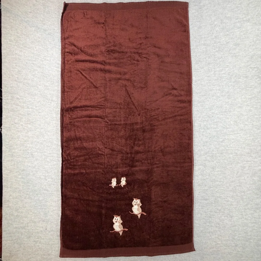 Martex Owl Bath Hand Towel Washcloth Set Brown‎ Vintage Embroidered 3 Piece MCM